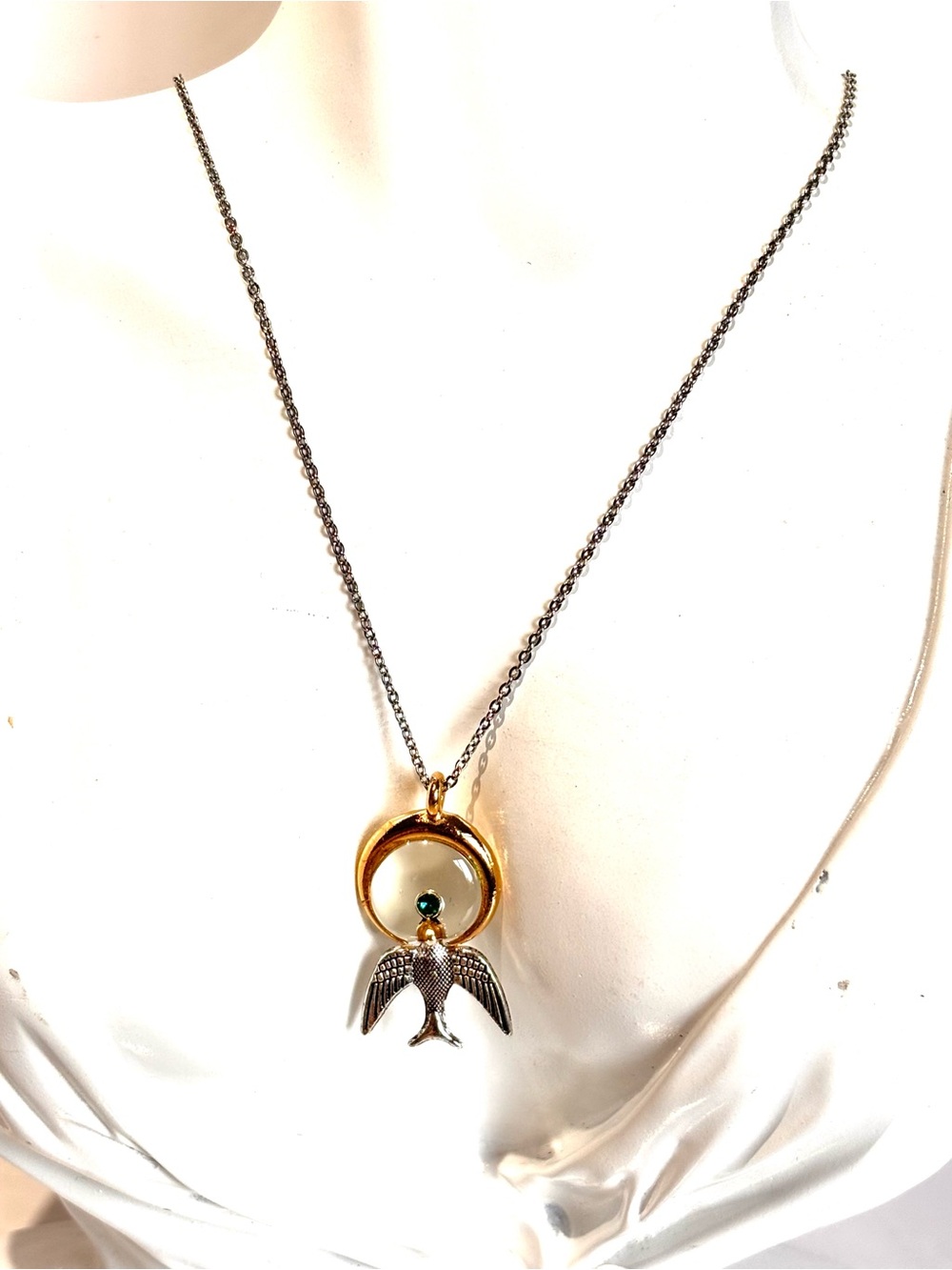 Handmade Gold and Silver Bird Pendant Necklace with Green rhinestones